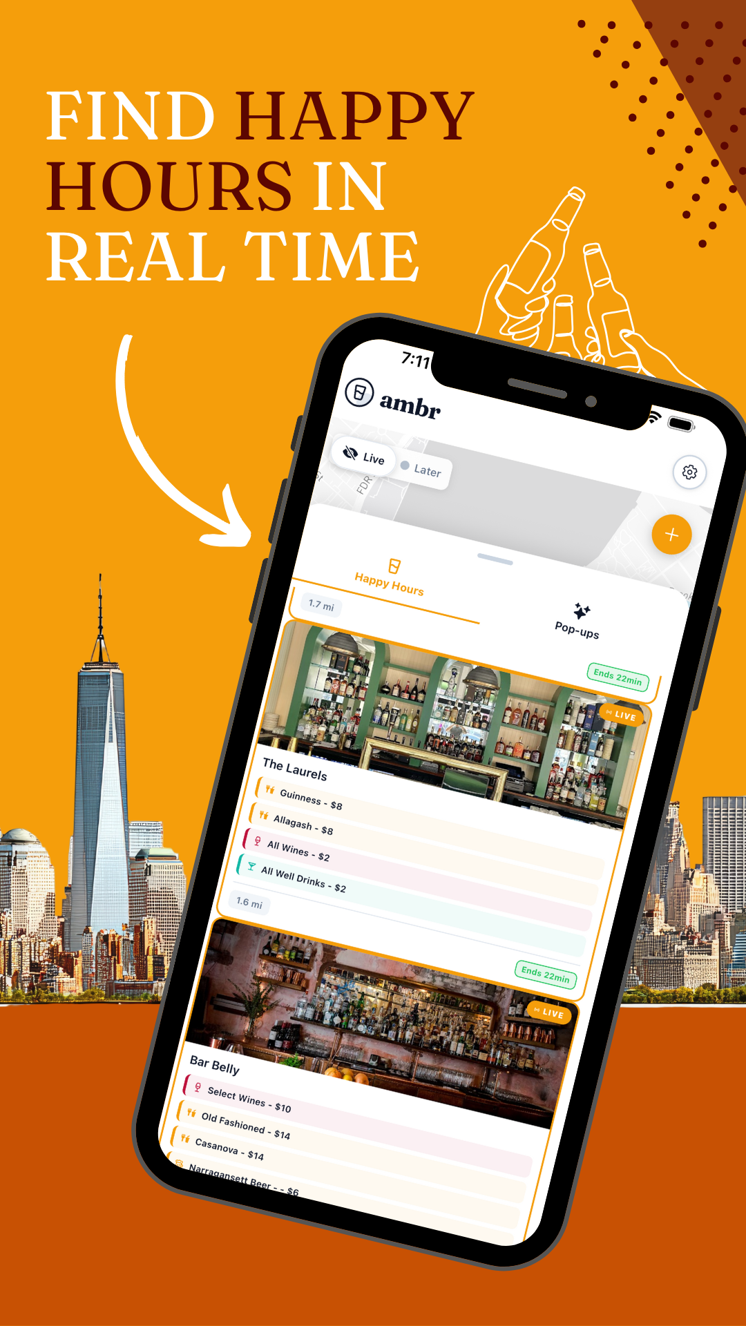 Find happy hours in real time